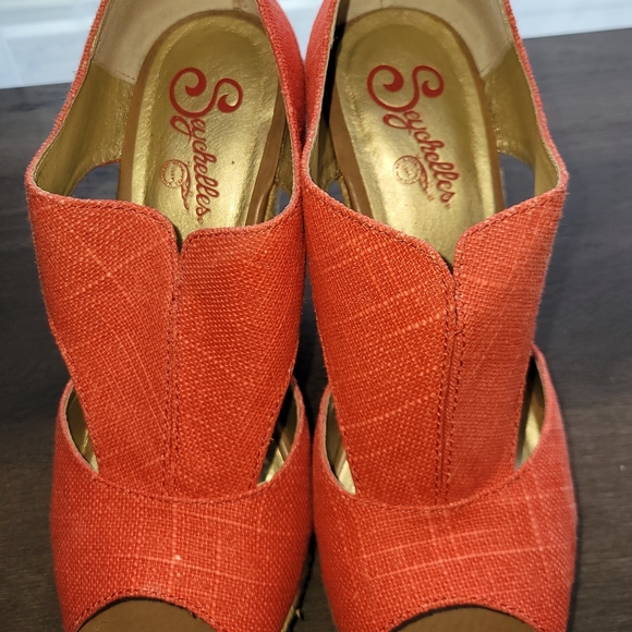 Seychelles Orange & Tan Espadrille Peep-toe Zip Back Wedges Women's Size 9 - Picture 5 of 6